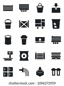Set of vector isolated black icon - trash bin vector, checkroom, bucket, watering, railroad, truck trailer, cargo container, consolidated, package, oil barrel, heavy scales, water filter