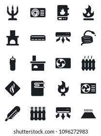 Set of vector isolated black icon - fire vector, hose, fireplace, thermometer, heater, air conditioner, candle, water, smoke detector, radiator, warm floor