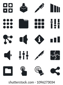 Set of vector isolated black icon - package vector, sorting, settings, touch screen, menu, folder, application, pen, sound, information, social media