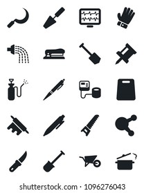 Set of vector isolated black icon - pen vector, job, trowel, shovel, wheelbarrow, watering, glove, saw, sickle, garden knife, sprayer, monitor pulse, blood pressure, share, drawing pin, stapler