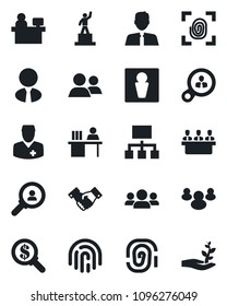 Set of vector isolated black icon - male vector, handshake, pedestal, manager place, doctor, group, fingerprint id, desk, meeting, estate agent, consumer search, money, hierarchy, palm sproute