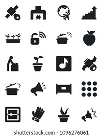 Set of vector isolated black icon - fence vector, baby room, plane globe, growth statistic, seedling, glove, satellite, menu, scanner, music, fireplace, steaming pan, apple fruit, wireless lock