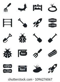 Set of vector isolated black icon - job vector, garden fork, shovel, lady bug, caterpillar, pond, rack, rent, bacon, open close, rocket