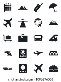 Set of vector isolated black icon - plane vector, runway, taxi, suitcase, baggage trolley, airport bus, umbrella, passport, ladder car, helicopter, seat map, globe, mountains, case