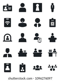 Set of vector isolated black icon - female vector, reception, manager, identity card, place, patient, user, desk, estate agent, pass, group