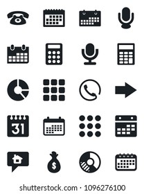 Set of vector isolated black icon - right arrow vector, calendar, circle chart, microphone, menu, calculator, phone, home message, money bag