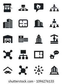 Set of vector isolated black icon - hierarchy vector, well, molecule, hospital, office building, garage, plan, home message