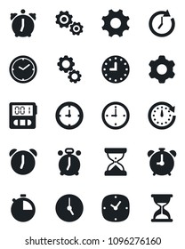 Set of vector isolated black icon - alarm clock vector, settings, stopwatch, gear, sand