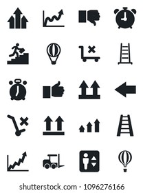 Set of vector isolated black icon - elevator vector, alarm clock, left arrow, fork loader, ladder, up side sign, no trolley, finger, down, career, graph, growth, air balloon