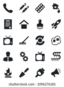 Set of vector isolated black icon - trowel vector, rake, fire, drip irrigation, pills blister, client, warehouse storage, tv, hdmi, call, update, contract, stamp, kebab, omelette, home control, gear