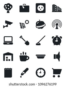 Set of vector isolated black icon - suitcase vector, alarm clock, notepad, coffee, job, hoe, dropper, diet, antenna, speaker, laptop pc, sun panel, fruit tree, warehouse, office building, bowl, cart