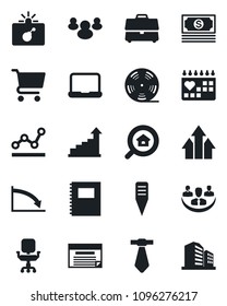 Set of vector isolated black icon - bomb in case vector, growth statistic, plant label, medical calendar, cash, reel, group, copybook, company, office chair, point graph, notebook pc, estate search