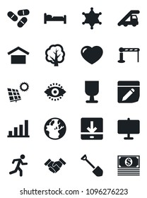 Set of vector isolated black icon - barrier vector, bed, ladder car, job, tree, pills, run, fragile, warehouse storage, heart, notes, download, eye id, presentation board, bar graph, handshake, cash