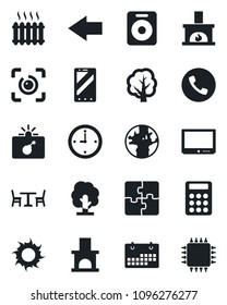 Set of vector isolated black icon - cafe vector, phone, bomb in case, left arrow, mobile, tree, sun, fireplace, earth, tv, speaker, eye id, application, calendar, clock, calculator, heater, chip