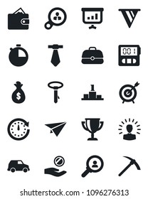 Set of vector isolated black icon - stopwatch vector, target, consumer search, shining head, wallet, money bag, clock, pennon, investment, case, car, paper plane, pedestal, award cup, presentation