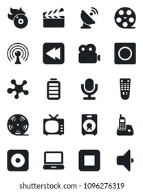 Set of vector isolated black icon - satellite antenna vector, clapboard, reel, flame disk, tv, microphone, remote control, laptop pc, radio phone, share, speaker, battery, stop button, rewind, rec