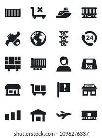 Set of vector isolated black icon - earth vector, railroad, important flag, store, plane, satellite, traffic light, 24 hours, support, sea shipping, truck trailer, cargo container, consolidated