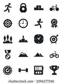 Set of vector isolated black icon - pedestal vector, medal, barbell, bike, run, heavy, clock, stopwatch, target, mountains, award cup