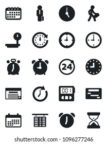 Set of vector isolated black icon - 24 around vector, alarm clock, flight table, heavy scales, stopwatch, manager, calendar, schedule, sand