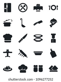 Set of vector isolated black icon - fridge vector, cook, restaurant table, serviette, cafe, hat, plates, waiter, salt and pepper, ladle, bowl, rolling pin, cutting board, knife, steaming pan