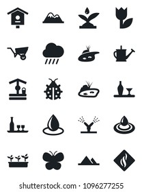 Set of vector isolated black icon - watering can vector, wheelbarrow, butterfly, lady bug, seedling, water drop, rain, well, bird house, tulip, pond, mountains, alcohol, irrigation, smoke detector