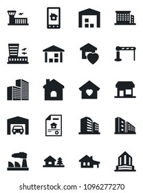 Set of vector isolated black icon - barrier vector, airport building, factory, house, warehouse, office, with garage, tree, estate document, sweet home, control app, storefront
