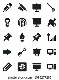 Set of vector isolated black icon - right arrow vector, presentation board, drawing pin, bulb, pencil, shovel, rake, satellite, fingerprint id, cellular signal, ink pen, rolling, pc
