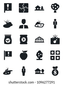 Set of vector isolated black icon - bomb in case vector, manager, greenhouse, pond, fertilizer, important flag, application, house with tree, fruit, estate agent, apple, money bag