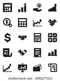 Set of vector isolated black icon - handshake vector, growth statistic, dollar sign, calculator, news, bar graph, contract, credit card, money search, investment, presentation