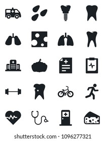 Set of vector isolated black icon - medical room vector, pumpkin, seeds, heart pulse, diagnosis, stethoscope, ambulance car, barbell, bike, run, lungs, tooth, caries, implant, clipboard, hospital