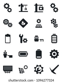 Set of vector isolated black icon - gear vector, truck trailer, sea port, flammable, battery, low, root setup, sun panel, crane, hard work