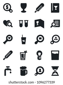 Set of vector isolated black icon - document search vector, bulb, blood test vial, thermometer, heart diagnostic, fragile, cargo, water supply, client, wine card, drink, phyto bar, beer, consumer