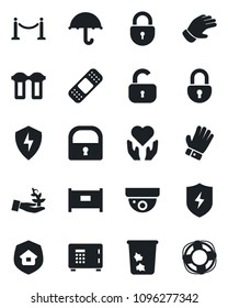 Set of vector isolated black icon - fence vector, trash bin, safe, lock, glove, patch, heart hand, umbrella, protect, estate insurance, water filter, surveillance, palm sproute, crisis management