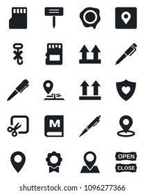 Set of vector isolated black icon - pen vector, stamp, plant label, heart shield, navigation, pin, up side sign, no hook, sd, cut, place tag, sertificate, menu, open close