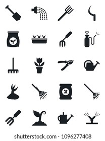 Set of vector isolated black icon - job vector, flower in pot, garden fork, farm, rake, watering can, sproute, pruner, seedling, sickle, sprayer, fertilizer, irrigation