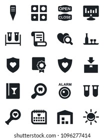 Set of vector isolated black icon - statistic monitor vector, contract, plant label, blood test vial, heart diagnostic, shield, medical calendar, package, search cargo, application, sertificate