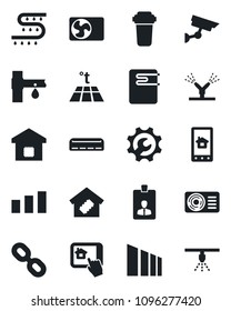 Set of vector isolated black icon - identity card vector, drip irrigation, sorting, chain, root setup, air conditioner, smart home, water heater, control app, filter, warm floor, surveillance