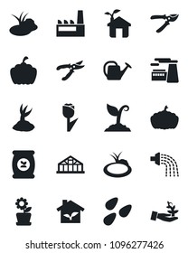 Set of vector isolated black icon - factory vector, watering can, sproute, pruner, pumpkin, greenhouse, seeds, pond, fertilizer, tulip, flower in pot, eco house, palm