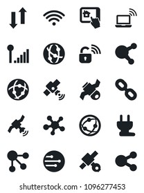 Set of vector isolated black icon - wireless notebook vector, satellite, network, share, chain, data exchange, cellular signal, power plug, lock, home control app, social media