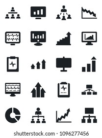 Set of vector isolated black icon - growth statistic vector, hierarchy, monitor, circle chart, pulse, clipboard, statistics, presentation board, arrow up graph, crisis