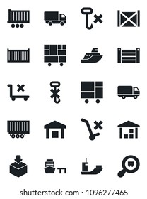 Set of vector isolated black icon - sea shipping vector, truck trailer, cargo container, car delivery, port, consolidated, no trolley, hook, warehouse, package, search