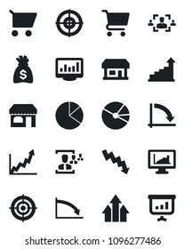 Set of vector isolated black icon - shop vector, growth statistic, money bag, crisis graph, store, monitor statistics, pie, hr, target, arrow up, cart, presentation