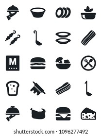 Set of vector isolated black icon - cafe vector, menu, salad, plates, bacon, waiter, bread, chicken, kebab, hamburger, ladle, bowl, rolling pin, cheese