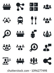 Set of vector isolated black icon - spoon and fork vector, train, checkroom, speaking man, team, meeting, company, hr, client search, consumer, group, social media
