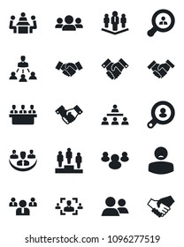Set of vector isolated black icon - handshake vector, pedestal, team, patient, group, company, hr, meeting, hierarchy, client search