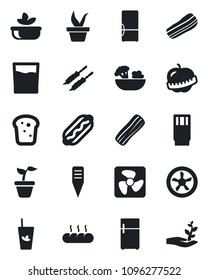 Set of vector isolated black icon - seedling vector, plant label, diet, fridge, drink, phyto bar, salad, bacon, bread, kebab, hot dog, fan, palm sproute