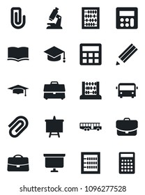 Set of vector isolated black icon - airport bus vector, book, graduate, abacus, presentation board, microscope, calculator, case, paper clip, pencil