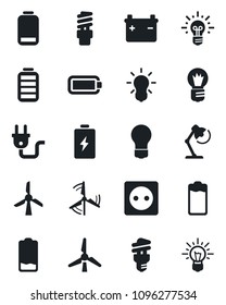 Set of vector isolated black icon - bulb vector, battery, low, desk lamp, windmill, socket, power plug, energy saving, idea