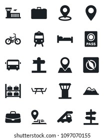 Set of vector isolated black icon - airport tower vector, bus, train, passport, bed, ladder car, luggage storage, building, case, picnic table, bike, signpost, navigation, pin, place tag, compass