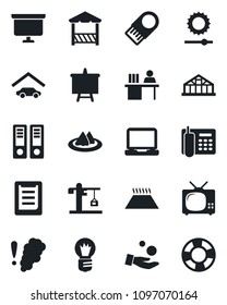 Set of vector isolated black icon - office binder vector, presentation board, bulb, greenhouse, clipboard, laptop pc, brightness, phone, manager desk, garage, tv, crane, serviette, alcove, usb flash